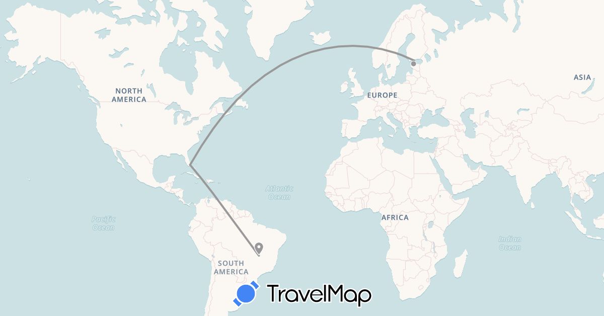 TravelMap itinerary: driving, plane in Brazil, Estonia, Finland, United States (Europe, North America, South America)